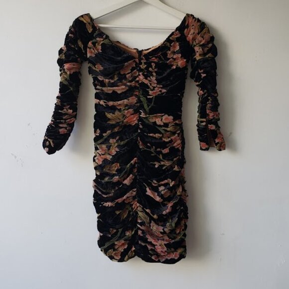 House of CB Floral Velvet Ruched Noella Dress - Picture 2 of 7